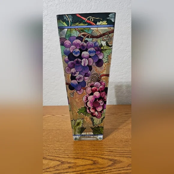 AMIA Studios • Hand Paint Glass Vase Grape Vines 10” - Picture 2 of 9
